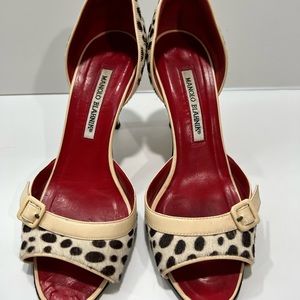 Manolo Blahnik Animal Print Open-Toe Pumps size 7.5 US Red, white, black